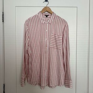 ATM Blouse Shirt Womens Sz XL White Pink Striped Button Up Silk Blend Office
